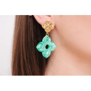 BOUCLES FLEUR VERTE ACIER INOXYDABLE GOLD PETIT PRIX