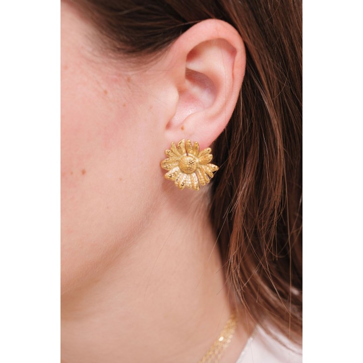 BOUCLES PUCES FLEURS MARTELEES ACIER INOXYDABLE GOLD PETIT PRIX