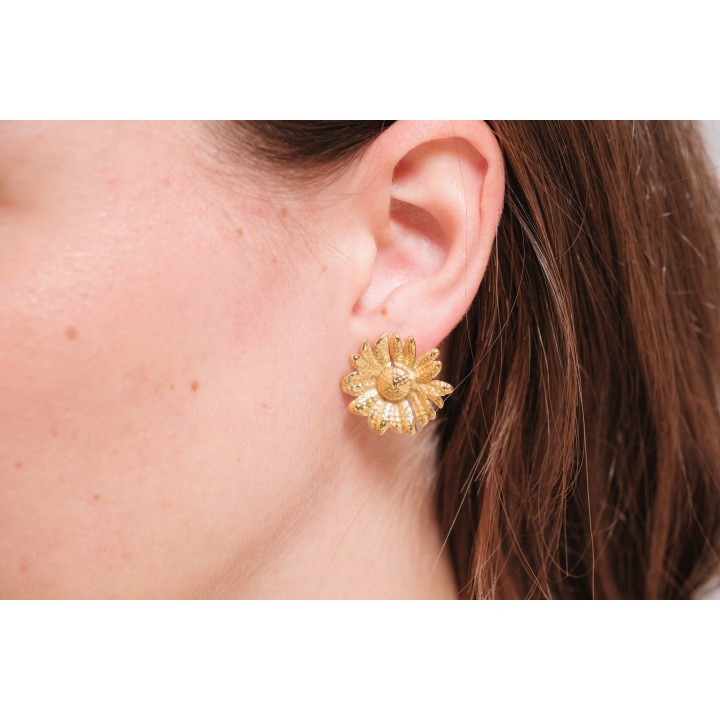 BOUCLES PUCES FLEURS MARTELEES ACIER INOXYDABLE GOLD PETIT PRIX