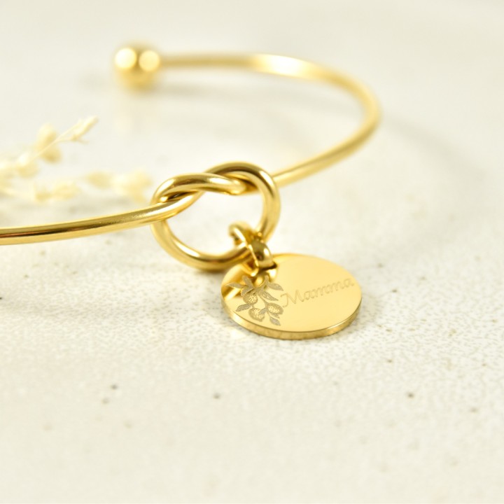 JONC NOEUD MEDAILLE RONDE PERSONNALISABLE ACIER INOXYDABLE GOLD