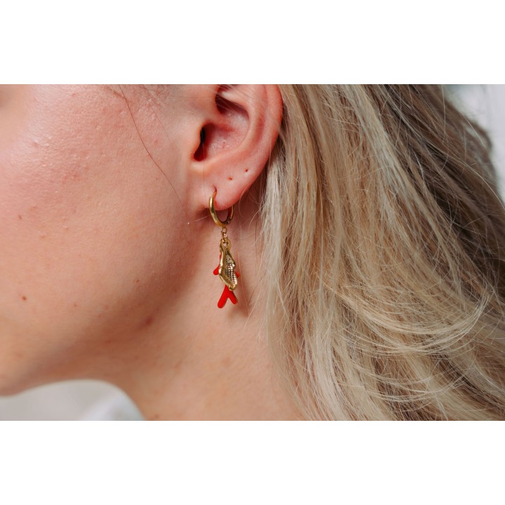 BOUCLE CORAIL ET COQUILLAGE ACIER INOXYDABLE GOLD PETIT PRIX