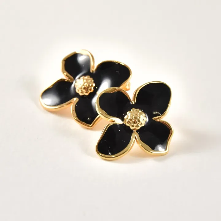 BOUCLES FLEURS NOIR BRILLANT ACIER INOXYDABLE GOLD PETIT PRIX