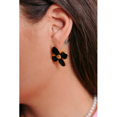 BOUCLES FLEURS NOIR BRILLANT ACIER INOXYDABLE GOLD PETIT PRIX