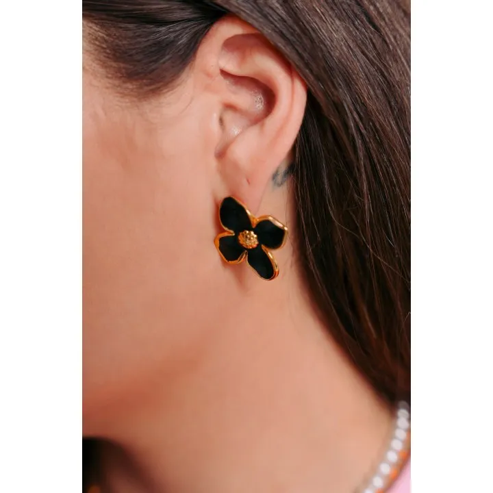 BOUCLES FLEURS NOIR BRILLANT ACIER INOXYDABLE GOLD PETIT PRIX