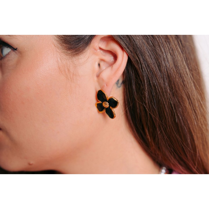 BOUCLES FLEURS NOIR BRILLANT ACIER INOXYDABLE GOLD PETIT PRIX