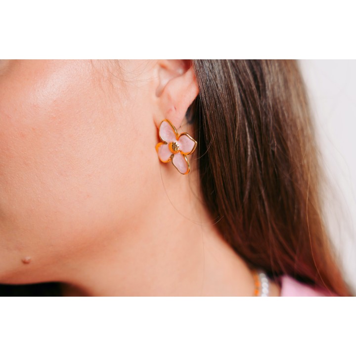 BOUCLES FLEURS ROSE MARBRE ACIER INOXYDABLE GOLD PETIT PRIX