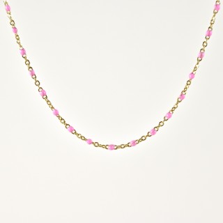 COLLIER MAILLE CLASSIQUE PERLES ROSES ACIER INOX GOLD PETIT PRIX