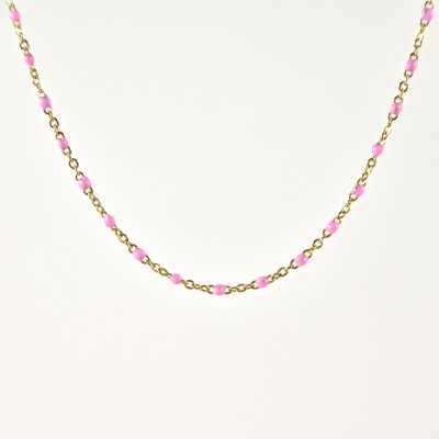 COLLIER MAILLE CLASSIQUE PERLES ROSES ACIER INOX GOLD PETIT PRIX