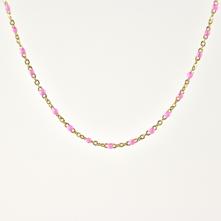 COLLIER MAILLE CLASSIQUE PERLES ROSES ACIER INOX GOLD PETIT PRIX