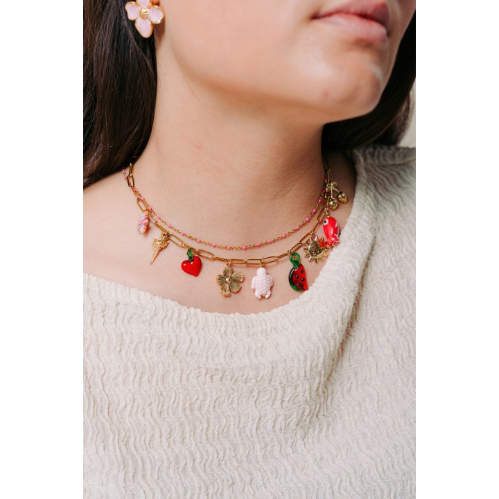 COLLIER MAILLE CLASSIQUE PERLES ROSES ACIER INOX GOLD PETIT PRIX