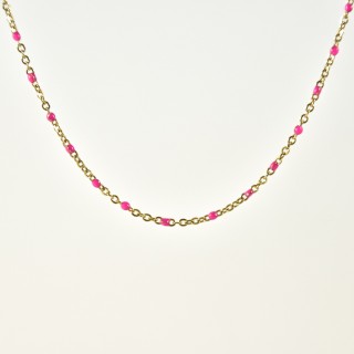 COLLIER MAILLE CLASSIQUE PERLES ROSE FONCE ACIER INOX GOLD PETIT PRIX