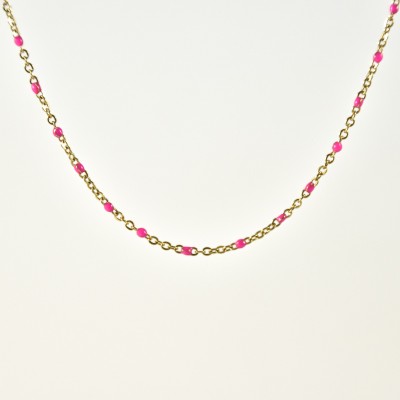 COLLIER MAILLE CLASSIQUE PERLES ROSE FONCE ACIER INOX GOLD PETIT PRIX