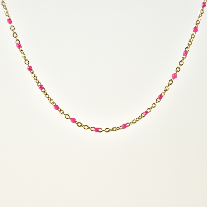 COLLIER MAILLE CLASSIQUE PERLES ROSE FONCE ACIER INOX GOLD PETIT PRIX