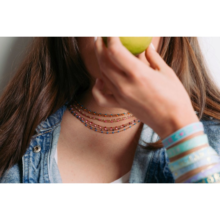 COLLIER MAILLE CLASSIQUE PERLES ROSE FONCE ACIER INOX GOLD PETIT PRIX