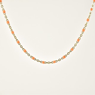 COLLIER MAILLE CLASSIQUE PERLES ORANGES ACIER INOX GOLD PETIT PRIX