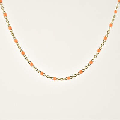 COLLIER MAILLE CLASSIQUE PERLES ORANGES ACIER INOX GOLD PETIT PRIX