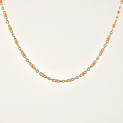 COLLIER MAILLE CLASSIQUE PERLES ORANGES ACIER INOX GOLD PETIT PRIX