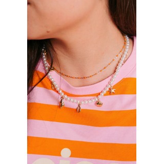COLLIER MAILLE CLASSIQUE PERLES ORANGES ACIER INOX GOLD PETIT PRIX