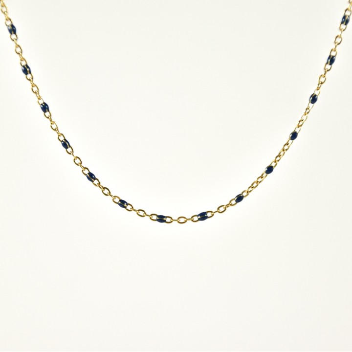 COLLIER MAILLE CLASSIQUE PERLES BLEUES ACIER INOX GOLD PETIT PRIX