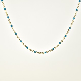 COLLIER MAILLE CLASSIQUE PERLES TURQUOISE ACIER INOX GOLD PETIT PRIX