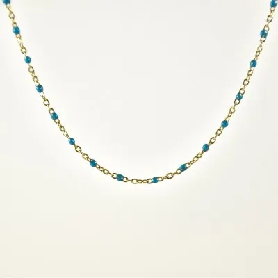 COLLIER MAILLE CLASSIQUE PERLES TURQUOISE ACIER INOX GOLD PETIT PRIX