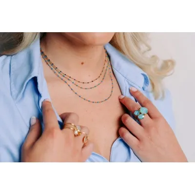 COLLIER MAILLE CLASSIQUE PERLES TURQUOISE ACIER INOX GOLD PETIT PRIX