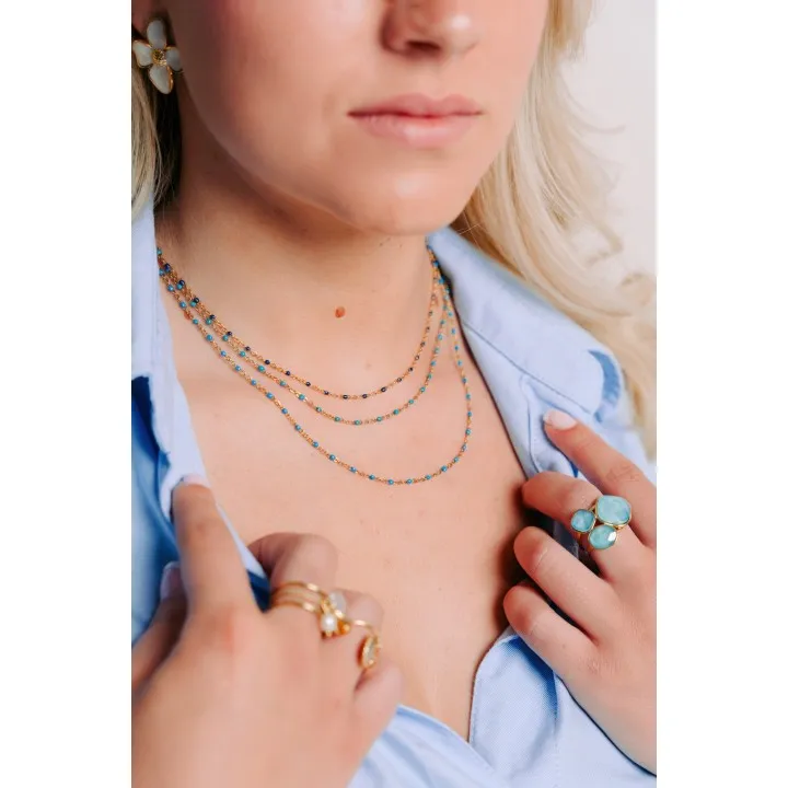 COLLIER MAILLE CLASSIQUE PERLES TURQUOISE ACIER INOX GOLD PETIT PRIX