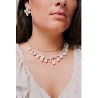 COLLIER MAILLE CLASSIQUE PERLES BEIGES ACIER INOX GOLD PETIT PRIX