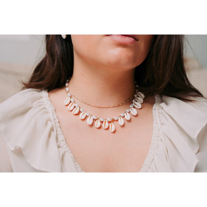 COLLIER MAILLE CLASSIQUE PERLES BEIGES ACIER INOX GOLD PETIT PRIX