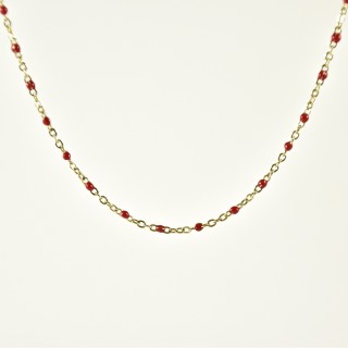 COLLIER MAILLE CLASSIQUE PERLES ROUGES ACIER INOX GOLD PETIT PRIX