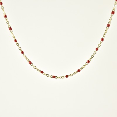 COLLIER MAILLE CLASSIQUE PERLES ROUGES ACIER INOX GOLD PETIT PRIX