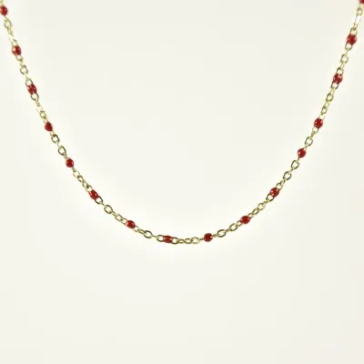 COLLIER MAILLE CLASSIQUE PERLES ROUGES ACIER INOX GOLD PETIT PRIX