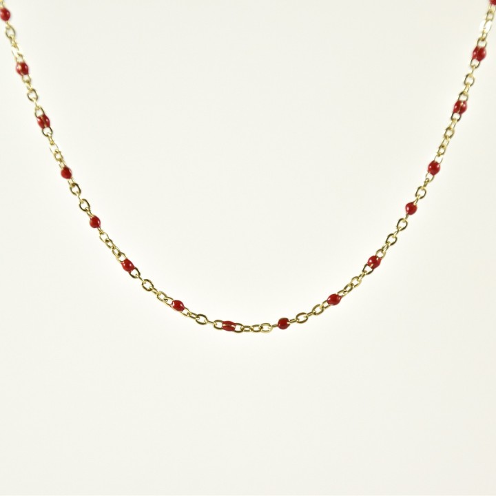 COLLIER MAILLE CLASSIQUE PERLES ROUGES ACIER INOX GOLD PETIT PRIX