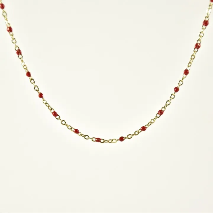 COLLIER MAILLE CLASSIQUE PERLES ROUGES ACIER INOX GOLD PETIT PRIX