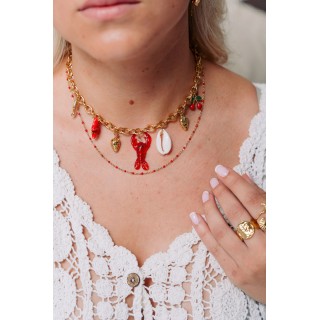COLLIER MAILLE CLASSIQUE PERLES ROUGES ACIER INOX GOLD PETIT PRIX