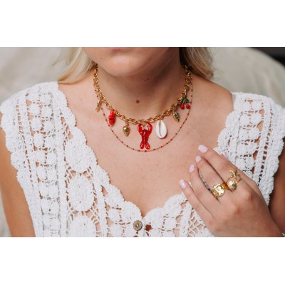 COLLIER MAILLE CLASSIQUE PERLES ROUGES ACIER INOX GOLD PETIT PRIX