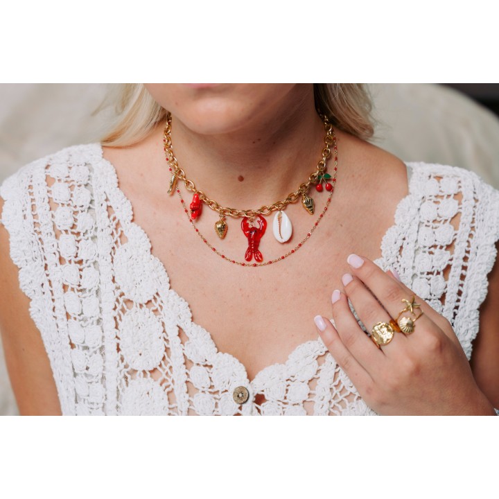 COLLIER MAILLE CLASSIQUE PERLES ROUGES ACIER INOX GOLD PETIT PRIX