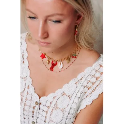 COLLIER MAILLE CLASSIQUE PERLES ROUGES ACIER INOX GOLD PETIT PRIX