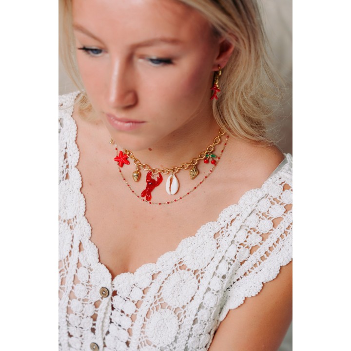 COLLIER MAILLE CLASSIQUE PERLES ROUGES ACIER INOX GOLD PETIT PRIX