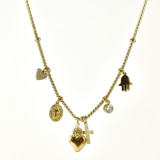 COLLIER CHARMS COEUR CROIX MAIN STRASS ACIER INOX GOLD PETIT PRIX