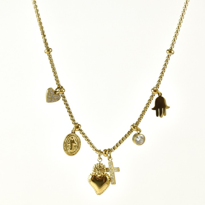 COLLIER CHARMS COEUR CROIX MAIN STRASS ACIER INOX GOLD PETIT PRIX
