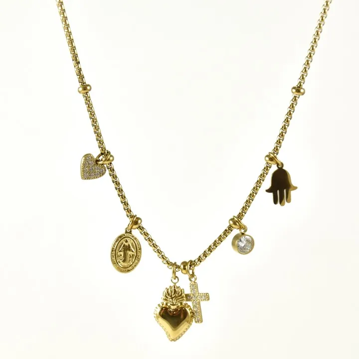 COLLIER CHARMS COEUR CROIX MAIN STRASS ACIER INOX GOLD PETIT PRIX