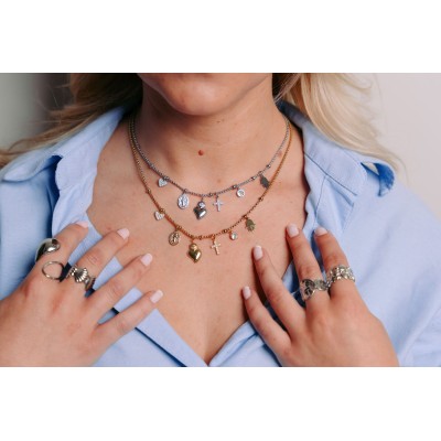 COLLIER CHARMS COEUR CROIX MAIN STRASS ACIER INOX SILVER PETIT PRIX