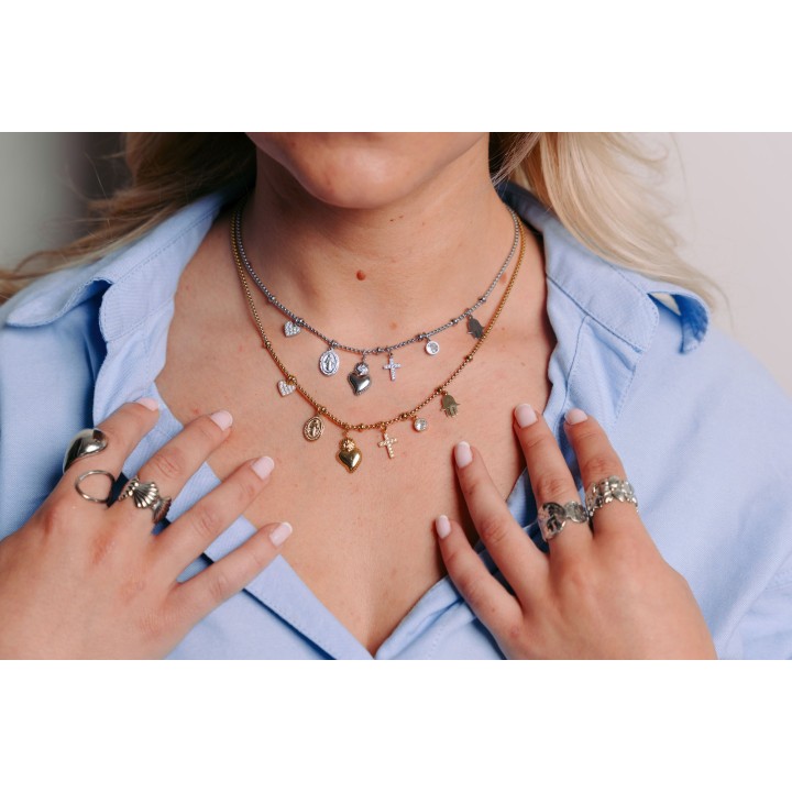 COLLIER CHARMS COEUR CROIX MAIN STRASS ACIER INOX SILVER PETIT PRIX