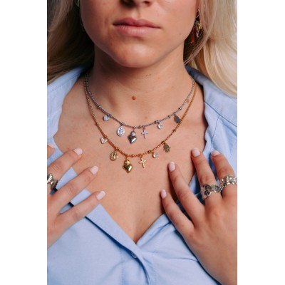 COLLIER CHARMS COEUR CROIX MAIN STRASS ACIER INOX SILVER PETIT PRIX