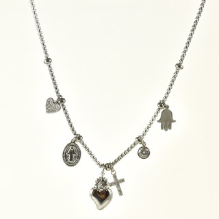 COLLIER CHARMS COEUR CROIX MAIN STRASS ACIER INOX SILVER PETIT PRIX