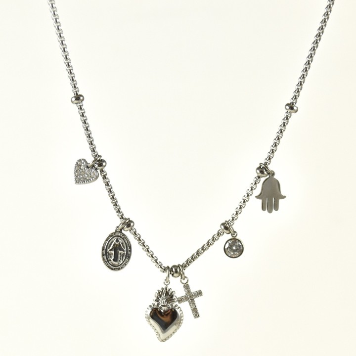 COLLIER CHARMS COEUR CROIX MAIN STRASS ACIER INOX SILVER PETIT PRIX
