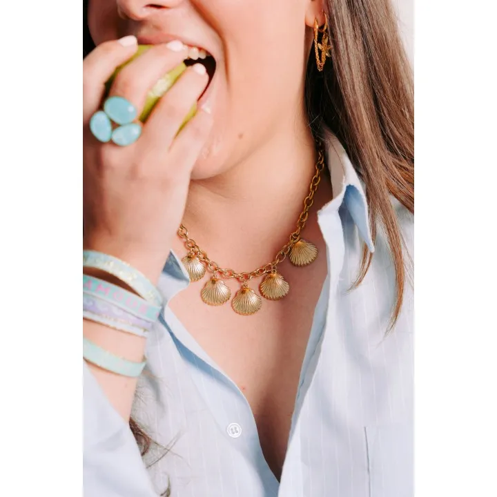 COLLIER GROSSE MAILLE COQUILLAGES ACIER INOX GOLD PETIT PRIX