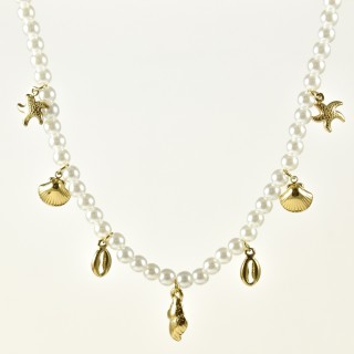 COLLIER PERLES NACRE ET COQUILLAGES ACIER INOX GOLD PETIT PRIX