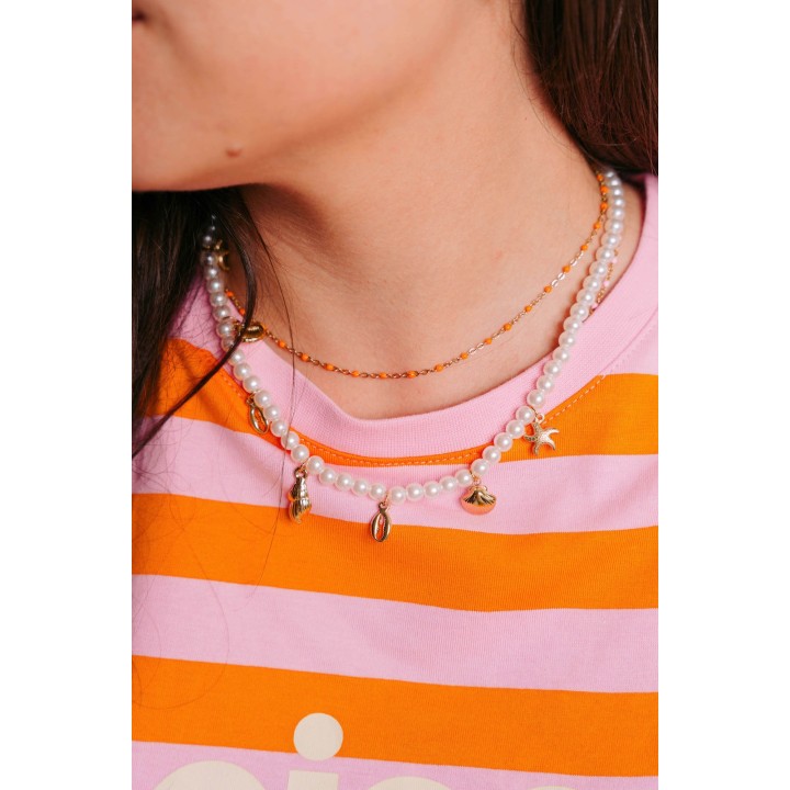 COLLIER PERLES NACRE ET COQUILLAGES ACIER INOX GOLD PETIT PRIX